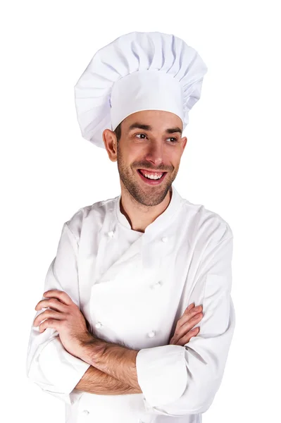 Chef retrato masculino sonriendo sobre fondo blanco . — Foto de Stock