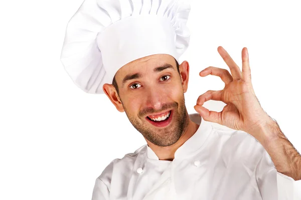 Professional chef man. Isolated over white background. Showing p — Stock Photo, Image