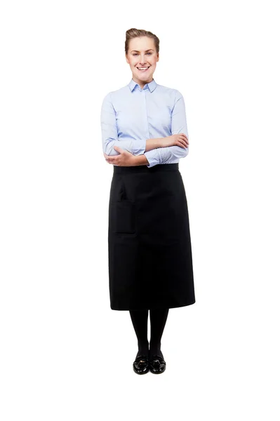 Waitress isolated over white background. Smiling blond woman in — Stock Photo, Image