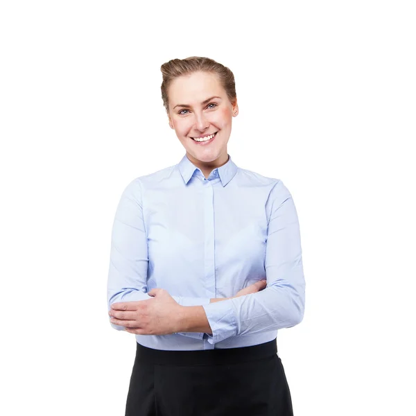 Garçonete isolado sobre fundo branco. Sorrindo mulher loira em — Fotografia de Stock