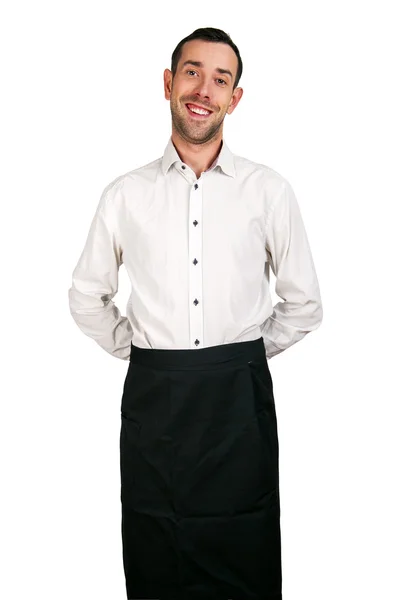 Kelner komputer mężczyzna na białym tle, uśmiechając się. — Zdjęcie stockowe