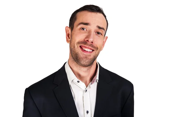 Smiling man in suit isoleted over white background. BLack jacket — Stock Photo, Image