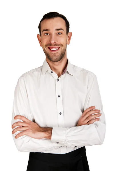 Kelner komputer mężczyzna na białym tle z ars skrzyżowane, smil — Zdjęcie stockowe