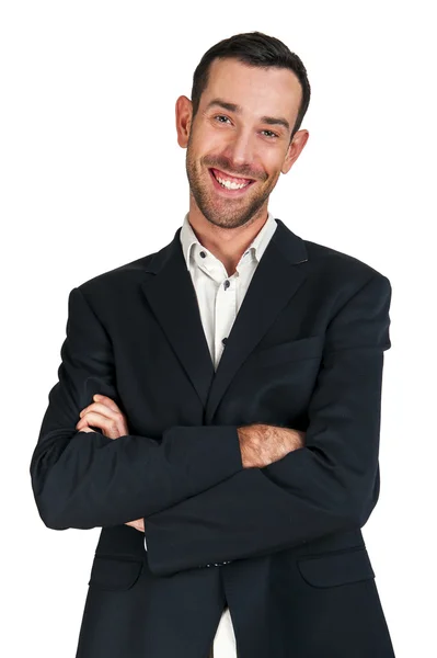 Hombre de negocios con los brazos cruzados sonriendo, aislado sobre la espalda blanca — Foto de Stock