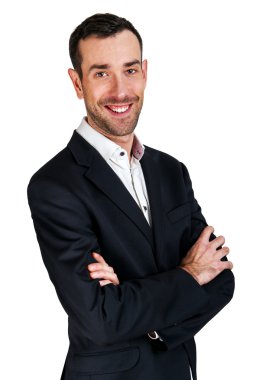 Gülümseyen, çapraz kolları olan iş adamı izole üzerinde beyaz arka