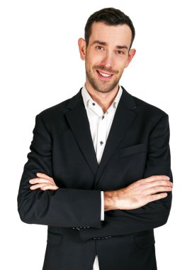 Gülümseyen, çapraz kolları olan iş adamı izole üzerinde beyaz arka