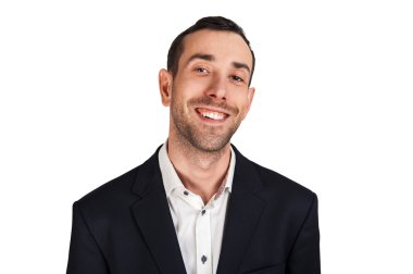 Takım elbise isoleted beyaz arka plan üzerinde gülümseyen adam. Siyah ceket