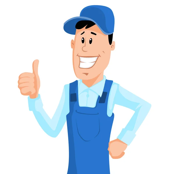 Trabajador en ropa de trabajo azul mostrar pulgar hacia arriba — Vector de stock