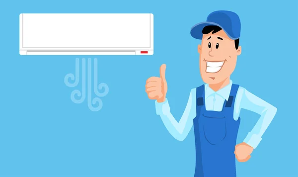 Worker set the air conditioner and show thumb up — Stock Vector