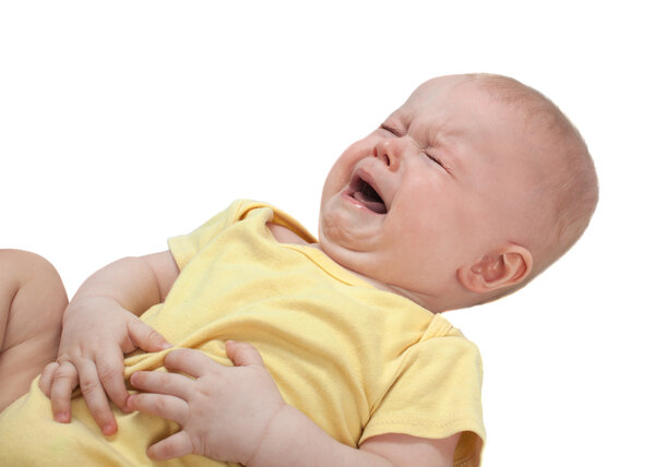 Baby crying, white background. In isolation.
