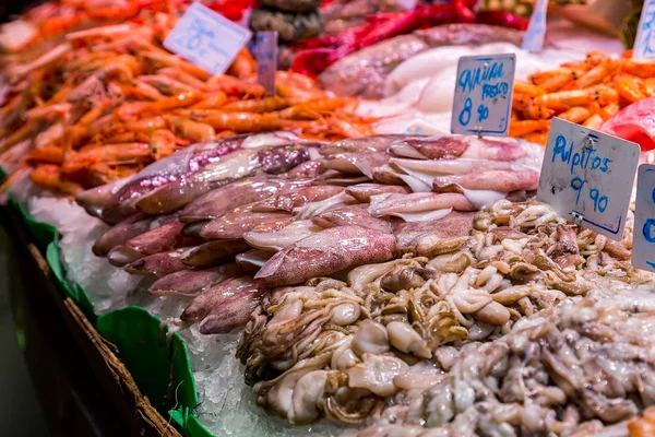Fisk och skaldjur på den berömda Boqueria-marknaden i Barcelona — Stockfoto