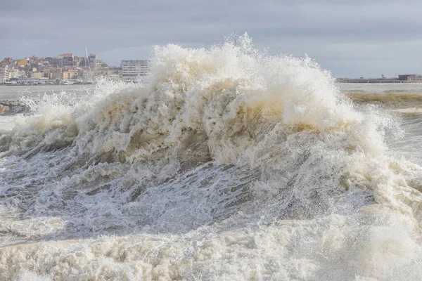 Powerful Ocean Wave Breaking Ina Windy Day Spanish Town Palamos — Stock Photo, Image