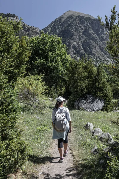 Jonge Toeristische Vrouw Wandelen Spaanse Pyreneeën Berg Een Zonnige Dag — Stockfoto