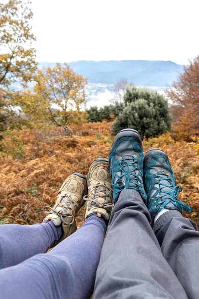 Couple Sitting Forest Only Feet Shoes Visible Unrecognizable Persons — Stock Photo, Image