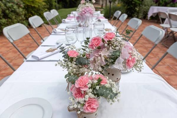 Wedding Table Decorated Bouquet Pink Flowers Wine Glasses Selective Focus Stock Image