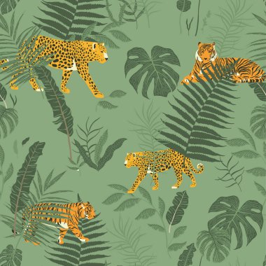 Tropikal Pastel Yeşil Renkler ve Vahşi Hayvanlar ile Orman Kalıbı. Doğa Aşığı İçin.
