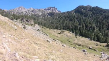 Güneşli bir günde İspanyol Pirenesi Dağı 'ndaki dağ manzarası. Aiguestortes i Estany de Sant Maurici Milli Parkı