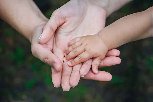 Three hands of the same family - father, mother and baby stay together. Close-up. The concept of family unity, protection, support, prosperity, love and parental happiness.