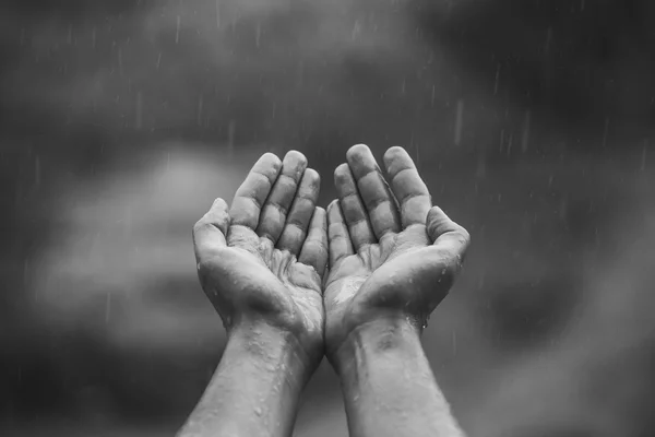 Mannelijke handen gevouwen in zijn handen en trok omhoog naar de hemel waaruit de vallende druppels van warme, zomer regen — Stockfoto