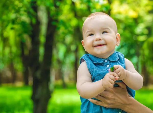 Annem bir mavi kot sundress parkta küçük bir kızın ellerinde tutan.