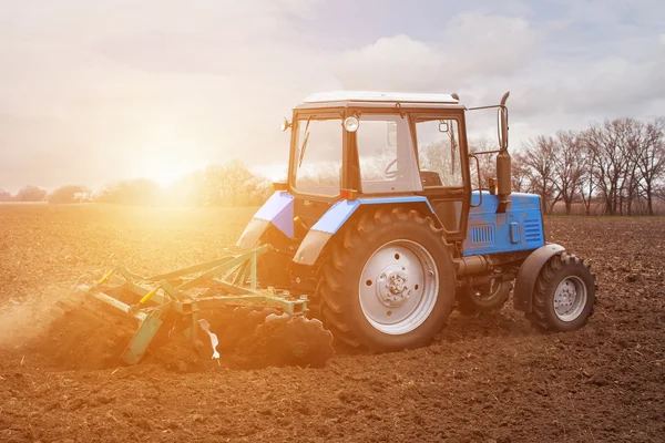 Au petit matin, au printemps, à cause du bois, le soleil éclatant monte. Le tracteur part et tire une charrue, labourant un champ avant l'atterrissage des cultures. Sur la terre reposent les tiges sèches du tournesol de l'année dernière. . — Photo