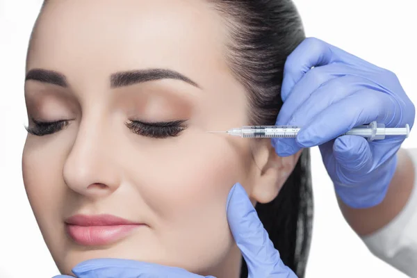 Doctor Cosmetologist Makes Rejuvenating Facial Injections Procedure Tightening Smoothing Wrinkles — Stock Photo, Image