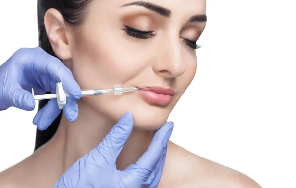 Doctor Cosmetologist Makes Lip Augmentation Procedure Beautiful Woman Beauty Salon — Stock Photo, Image