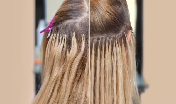 Foto Antes Depois Extensões Cabelo Para Uma Jovem Uma Loira — Fotografia de Stock