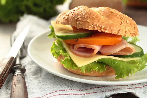 Sándwich con jamón, queso y verduras — Foto de Stock