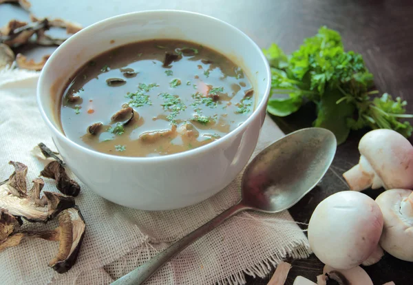 Bowl with hot mushroom soup — Stock Photo, Image