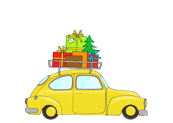 Coche amarillo de Navidad — Foto de Stock