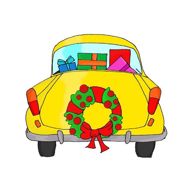 Κίτρινο αυτοκίνητο με Χριστουγεννιάτικο στεφάνι — Φωτογραφία Αρχείου