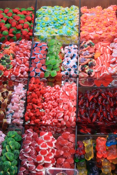 Candies All Colors Flavours Displayed Boqueria Market Barcelona — Stock Photo, Image