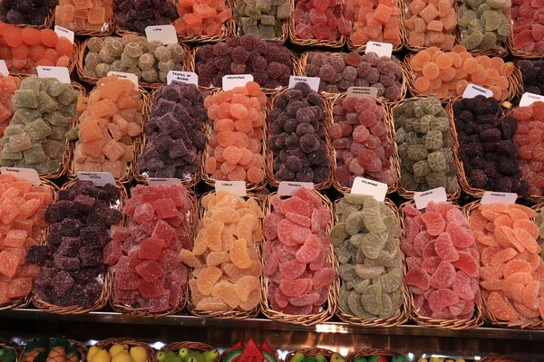 Fruits Confits Différentes Formes Saveurs Couleurs Vendre Sur Marché Espagnol — Photo