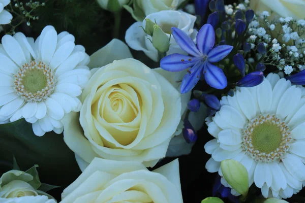 Witte Blauwe Bruidsbloem Arrangement Witte Rozen Gerbera — Stockfoto