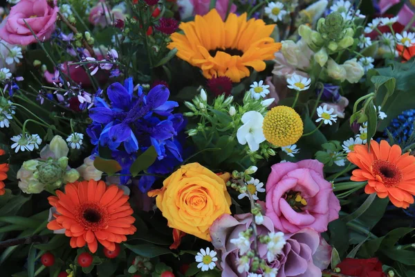 Colorful Bridal Flower Arrangement Orange Gerberas Yellow Roses Sunflowers Lisianthus — Stock Photo, Image