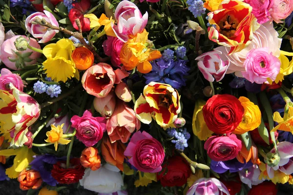 Kleurrijk Gemengd Boeket Met Diverse Lentebloemen — Stockfoto