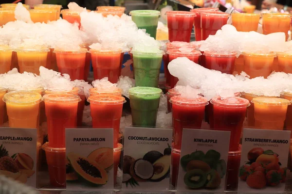 Barcelone Espagne Septembre 2019 Smoothies Frais Sur Glace Marché Boqueria — Photo