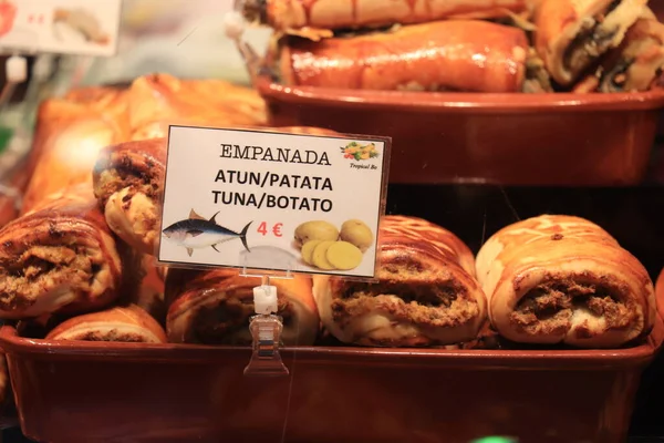 Barcelona Spanyolország Szeptember 2019 Hagyományos Empanadas Market Empanada Egy Sült — Stock Fotó