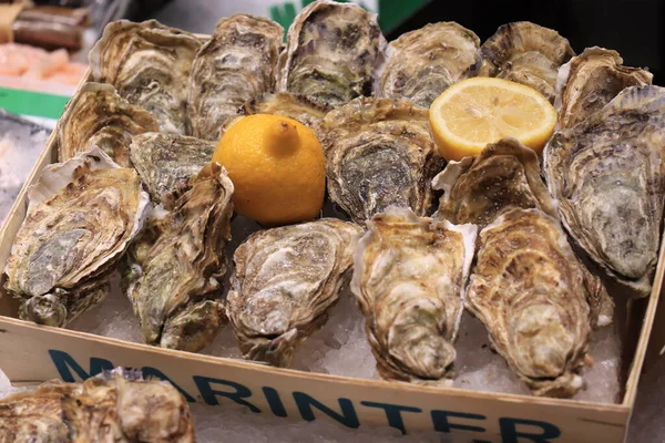 Barcelona Spain September 30Th 2019 Selection Oysters Boqueria Market Text — Stock Photo, Image