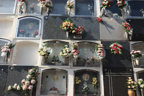 Kwiaty Kamienie Typowym Hiszpańskim Cmentarzu Pobliżu Barcelony — Zdjęcie stockowe