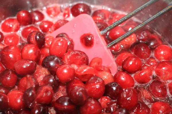 Preparing Homemade Cranberry Sauce Thanksgiving Christmas — Stock Photo, Image