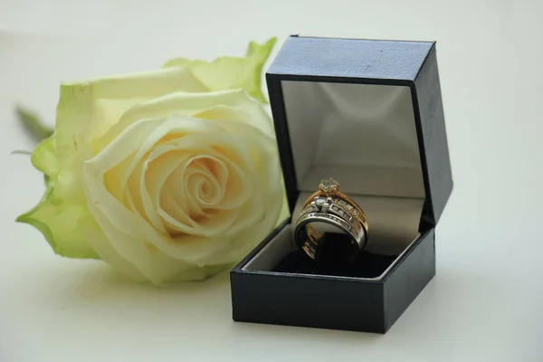 Pierścienie Zaręczynowe Pudełkach Róża Biała — Zdjęcie stockowe