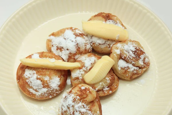 Poffertjes Dutch Small Fluffy Pancakes Served Powdered Sugar Butter — Stock Photo, Image