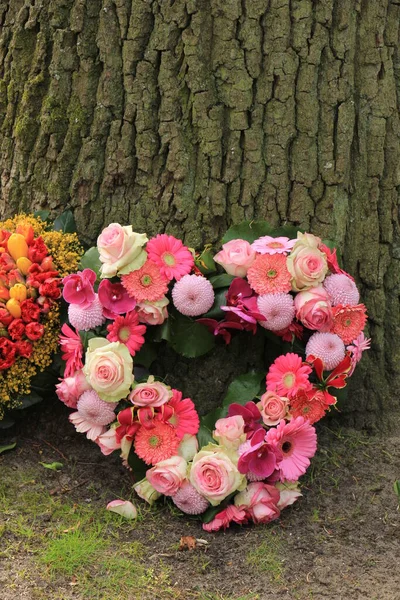 木の近くのハート型の同情花や葬儀の花 — ストック写真