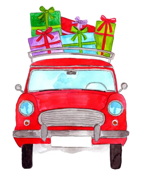 Carro Retro Com Presentes Natal Rack Bagagem Moda Antiga Pintado — Fotografia de Stock