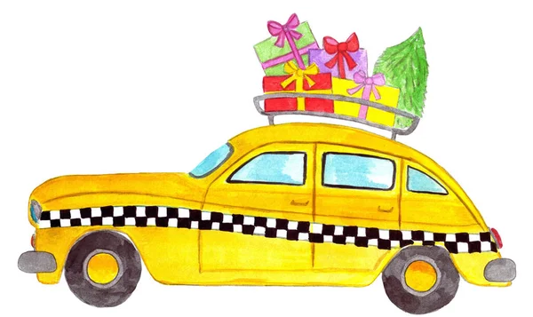 Retro Żółta Taksówka Prezentów Świątecznych Staromodnym Bagażniku Ręcznie Malowane Akwarela — Zdjęcie stockowe