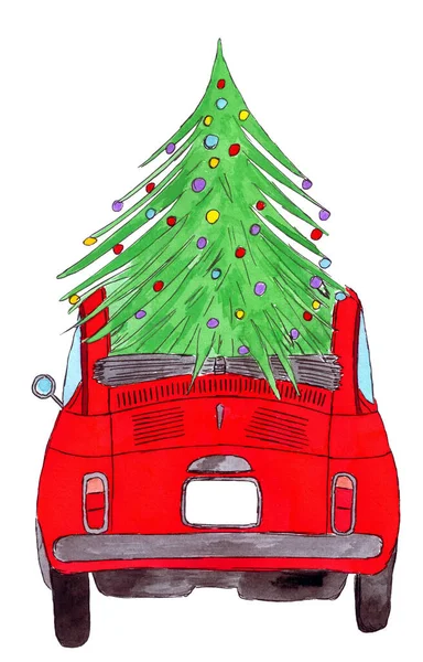 Kleiner Italienischer Oldtimer Mit Weihnachtsbaum Handgemaltes Aquarell — Stockfoto