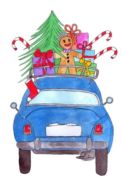 Voiture Rétro Avec Cadeaux Noël Dans Porte Bagages Ancienne Aquarelle — Photo