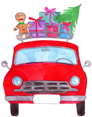 Eski moda bir valiz rafında Noel hediyeleriyle dolu eski model bir araba, elle boyanmış suluboya.